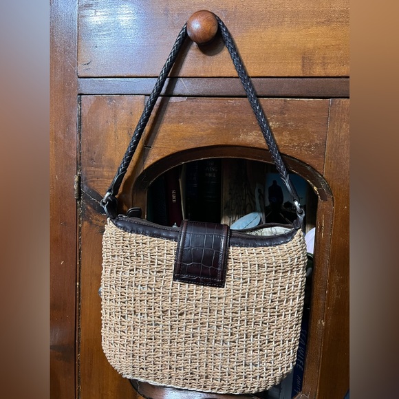 Vintage Brighton Natural Woven Straw Hand Bag Leather Trim Purse Heart Logo - Picture 2 of 7
